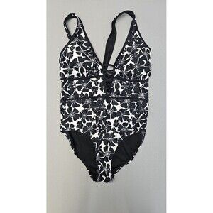 Flatter Me Women's Floral One-Piece Swimsuit Black and White Padded Criss Cross